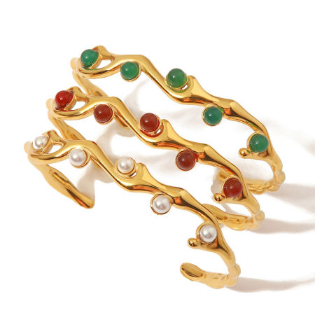 Eco-friendly Retro Stylish 18K Real Gold Plated 304 Stainless Steel & Gemstone Wave Open Cuff Bangles Bracelets For Women 1 Piece