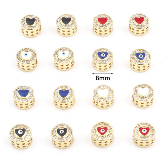 Picture of Brass Religious Spacer Beads Gold Plated Multicolor Flat Round Evil Eye Micro Pave Clear Cubic Zirconia 8mm Dia.                                                                                                                                              