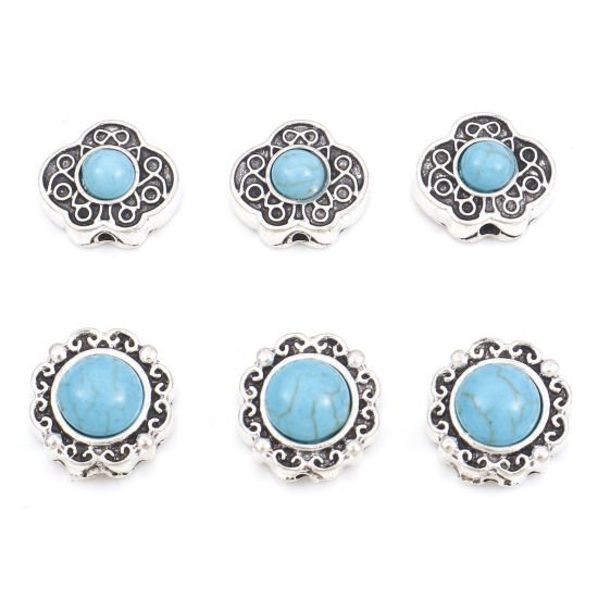 Immagine di Lega di Zinco Stile Bohemien Perline Argento Antico Intagliato Con Resina Cabochon Imitazione Turchese 10 Pz