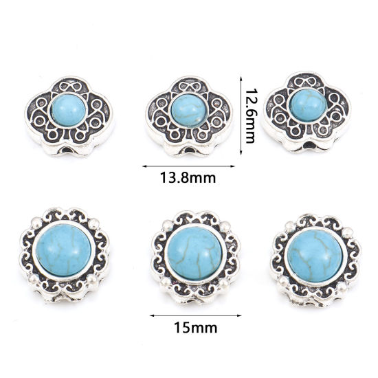 Immagine di Lega di Zinco Stile Bohemien Perline Argento Antico Intagliato Con Resina Cabochon Imitazione Turchese 10 Pz