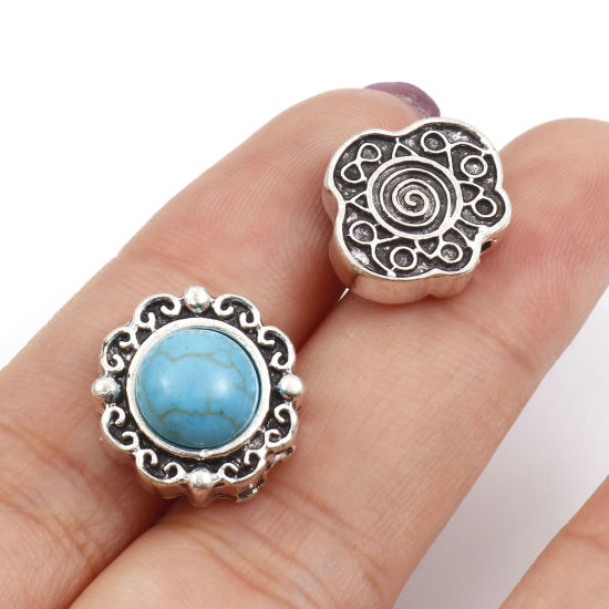 Immagine di Lega di Zinco Stile Bohemien Perline Argento Antico Intagliato Con Resina Cabochon Imitazione Turchese 10 Pz