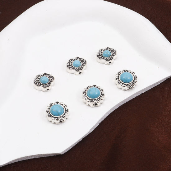 Immagine di Lega di Zinco Stile Bohemien Perline Argento Antico Intagliato Con Resina Cabochon Imitazione Turchese 10 Pz