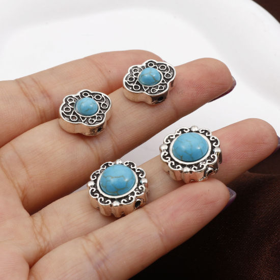 Immagine di Lega di Zinco Stile Bohemien Perline Argento Antico Intagliato Con Resina Cabochon Imitazione Turchese 10 Pz