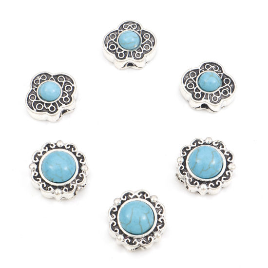 Immagine di Lega di Zinco Stile Bohemien Perline Argento Antico Intagliato Con Resina Cabochon Imitazione Turchese 10 Pz