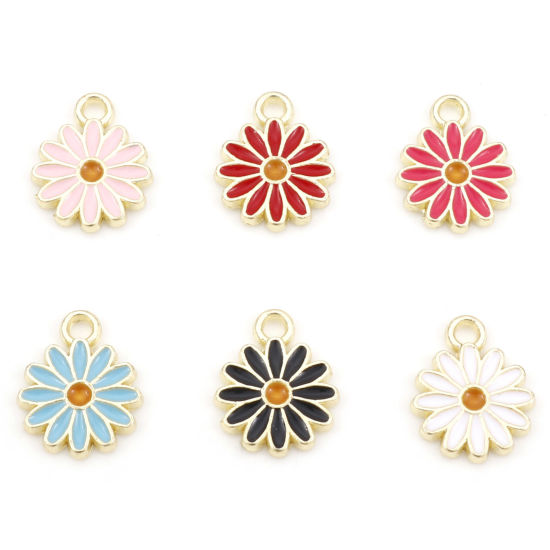 Image de Breloques en Alliage de Zinc Marguerite Or Clair Multicolore Émail 13.3mm x 10.5mm, 20 Pcs