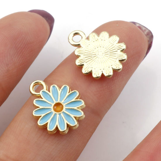 Image de Breloques en Alliage de Zinc Marguerite Or Clair Multicolore Émail 13.3mm x 10.5mm, 20 Pcs