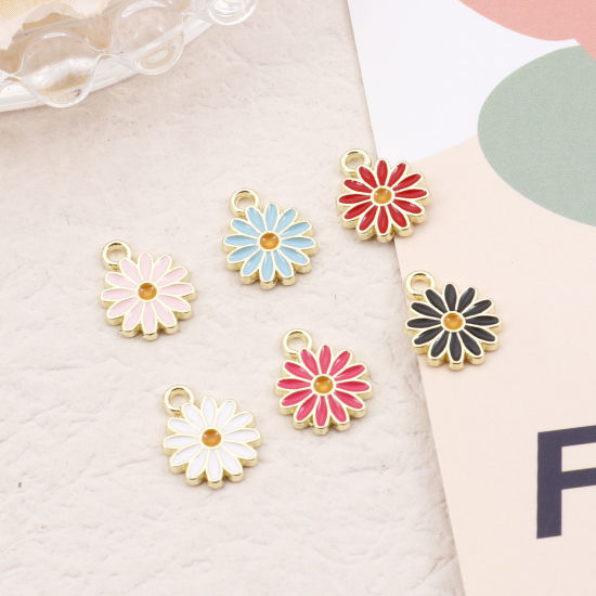 Image de Breloques en Alliage de Zinc Marguerite Or Clair Multicolore Émail 13.3mm x 10.5mm, 20 Pcs