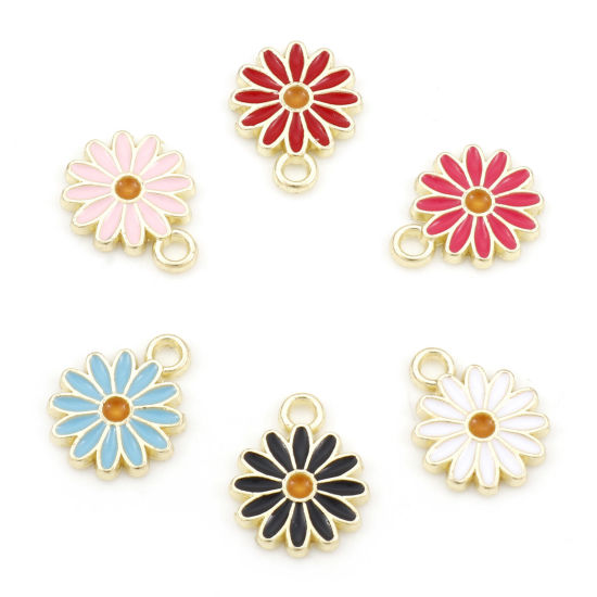 Image de Breloques en Alliage de Zinc Marguerite Or Clair Multicolore Émail 13.3mm x 10.5mm, 20 Pcs