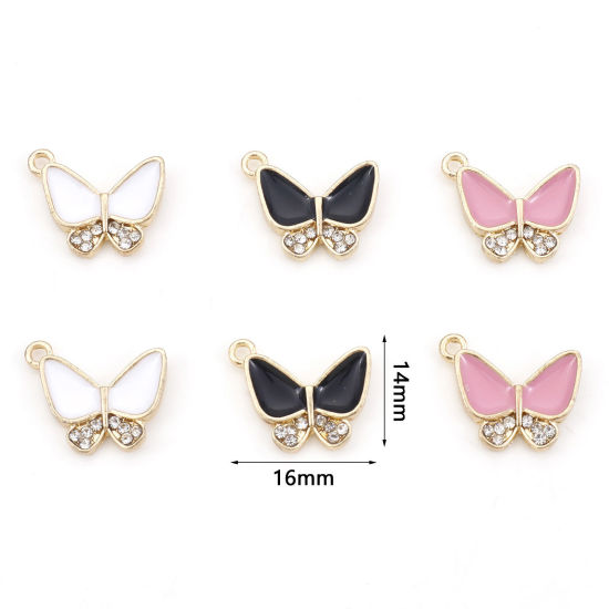 Picture of Zinc Based Alloy Insect Charms Gold Plated Multicolor Butterfly Animal Enamel Clear Rhinestone 16mm x 14mm