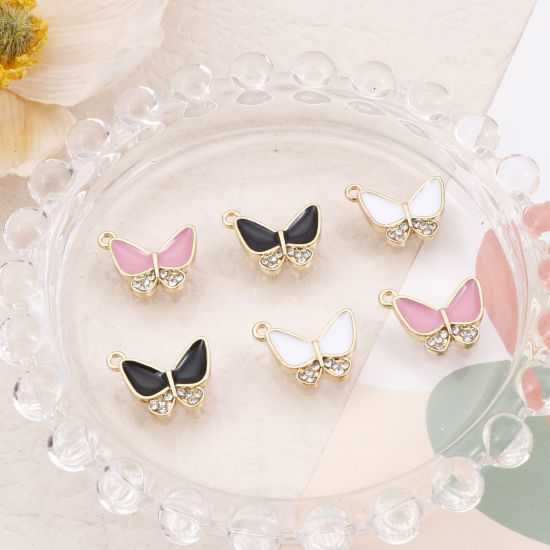 Picture of Zinc Based Alloy Insect Charms Gold Plated Multicolor Butterfly Animal Enamel Clear Rhinestone 16mm x 14mm