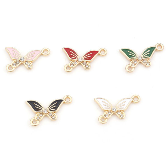 Bild von Zinklegierung Insekt Verbinder Schmetterling Vergoldet Bunt Emaille, Transparent Strass 20mm x 13mm, 20 Stück