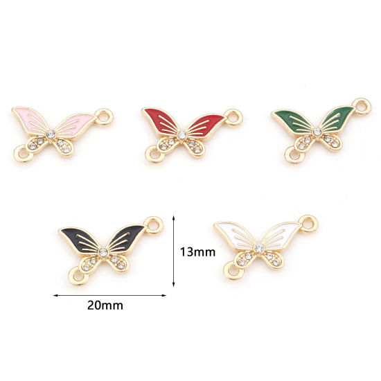 Bild von Zinklegierung Insekt Verbinder Schmetterling Vergoldet Bunt Emaille, Transparent Strass 20mm x 13mm, 20 Stück