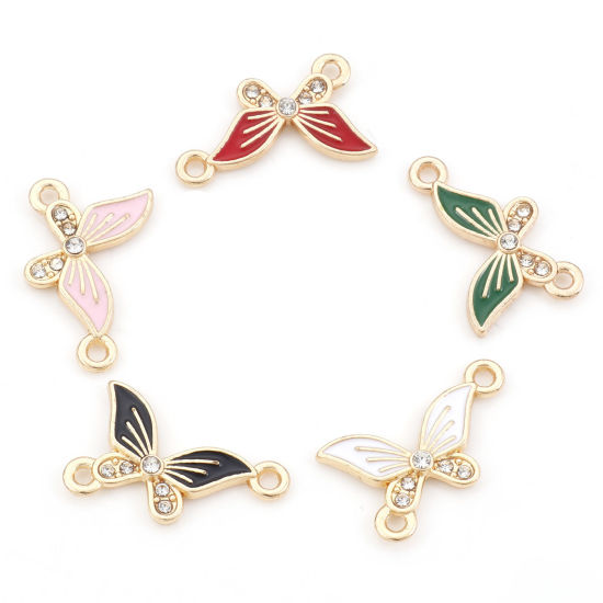 Bild von Zinklegierung Insekt Verbinder Schmetterling Vergoldet Bunt Emaille, Transparent Strass 20mm x 13mm, 20 Stück