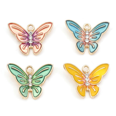 Bild von Zinklegierung Insekt Charms Schmetterling Vergoldet Bunt Transparent Strass Emaille 20mm x 16mm, 10 Stück