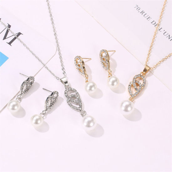 Picture of Elegant Jewelry Necklace Earrings Set Drop Clear Rhinestone Imitation Pearl