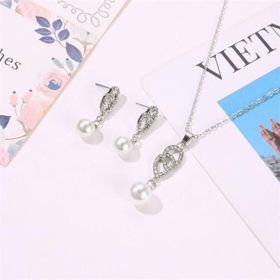 Picture of Elegant Jewelry Necklace Earrings Set Drop Clear Rhinestone Imitation Pearl