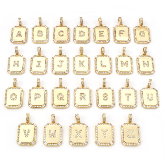 Picture of Brass Charm Pendant Gold Plated Rectangle Initial Alphabet/ Capital Letter 25mm x 14mm