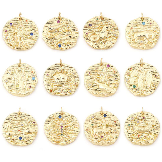 Изображение Латунь Бижутерия усыпанная мелким фианит Подвески Позолоченный Круглые Знак Зодиака Бижутерия усыпанная мелким фианит Разноцветный Искусственный Циркон 25мм x 21мм, 1 ШТ