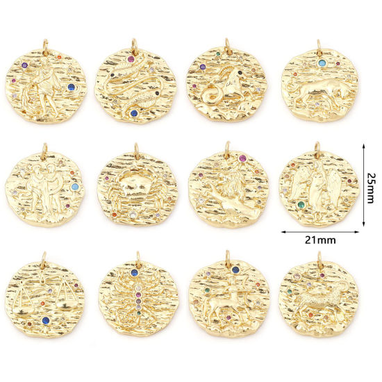 Изображение Латунь Бижутерия усыпанная мелким фианит Подвески Позолоченный Круглые Знак Зодиака Бижутерия усыпанная мелким фианит Разноцветный Искусственный Циркон 25мм x 21мм, 1 ШТ