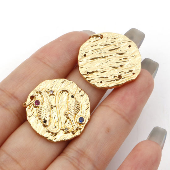 Изображение Латунь Бижутерия усыпанная мелким фианит Подвески Позолоченный Круглые Знак Зодиака Бижутерия усыпанная мелким фианит Разноцветный Искусственный Циркон 25мм x 21мм, 1 ШТ