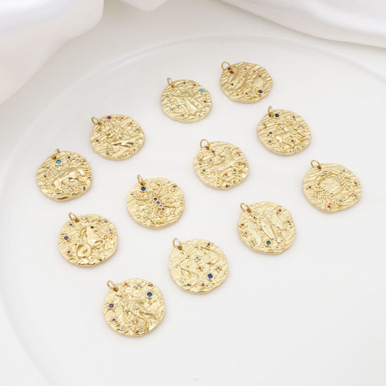 Изображение Латунь Бижутерия усыпанная мелким фианит Подвески Позолоченный Круглые Знак Зодиака Бижутерия усыпанная мелким фианит Разноцветный Искусственный Циркон 25мм x 21мм, 1 ШТ