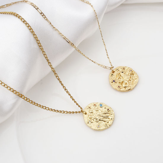 Изображение Латунь Бижутерия усыпанная мелким фианит Подвески Позолоченный Круглые Знак Зодиака Бижутерия усыпанная мелким фианит Разноцветный Искусственный Циркон 25мм x 21мм, 1 ШТ