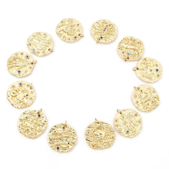 Изображение Латунь Бижутерия усыпанная мелким фианит Подвески Позолоченный Круглые Знак Зодиака Бижутерия усыпанная мелким фианит Разноцветный Искусственный Циркон 25мм x 21мм, 1 ШТ