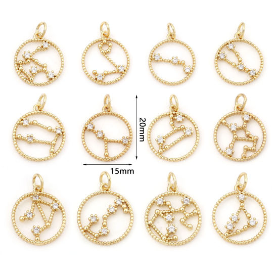 Image de Breloques en Laiton Doré Rond Constellation Creux à Zircone Cubique Clair 20mm x 15mm, 1 Pièce