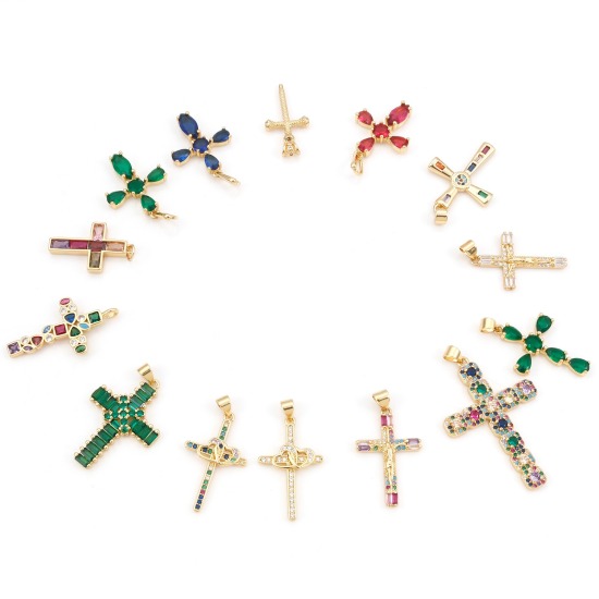 Image de Pendentifs Religieux en Laiton Doré Croix Micro Pave à Zircone Cubique Multicolore 1 Pièce