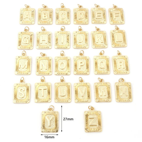 Image de Breloques en Laiton Doré Rectangle Alphabet Initial/ Lettre Majuscule 27mm x 16mm, 1 Pièce