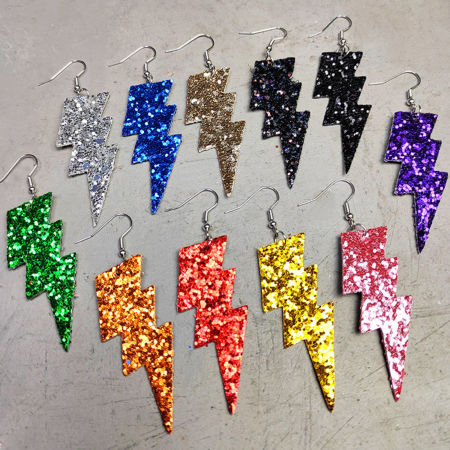 PU Leather Stylish Earrings Silver Tone Multicolor Lightning Glitter