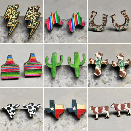 Picture of Natural Wood Retro Ear Post Stud Earrings Multicolor Milk Cow Animal Leopard Print