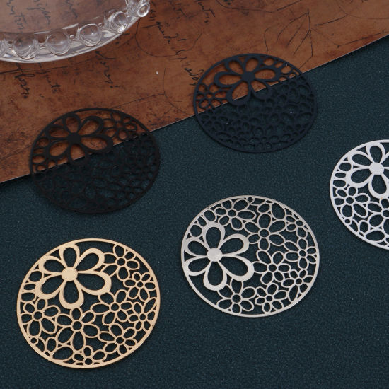 Immagine di Lega di Ferro Filigree Stamping Ciondoli Tondo Multicolore Fiore Filigrana 4.1cm Dia, 5 Pz