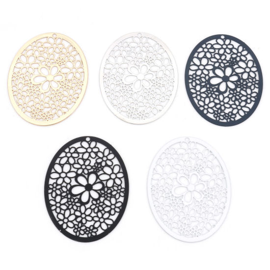 Imagen de Hierro Filigrana Estampación Colgantes Óvalo Multicolor Flor Hueco 4.9cm x 3.7cm, 5 Unidades