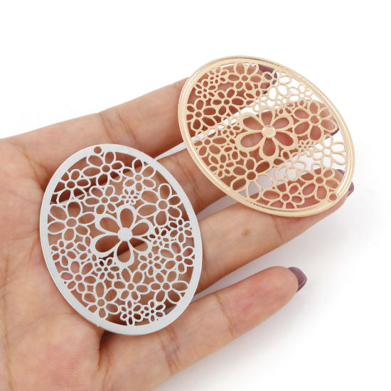 Imagen de Hierro Filigrana Estampación Colgantes Óvalo Multicolor Flor Hueco 4.9cm x 3.7cm, 5 Unidades