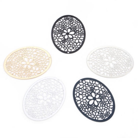Imagen de Hierro Filigrana Estampación Colgantes Óvalo Multicolor Flor Hueco 4.9cm x 3.7cm, 5 Unidades