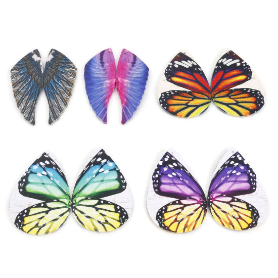 Image de Pendentifs Aile de Papillon en PU Goutte d'Eau Multicolore Double Face 5.6cm x 3.7cm, 5 Pcs