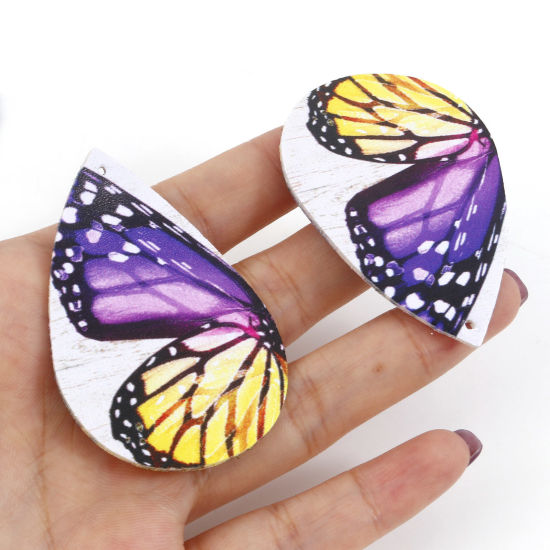 Image de Pendentifs Aile de Papillon en PU Goutte d'Eau Multicolore Double Face 5.6cm x 3.7cm, 5 Pcs
