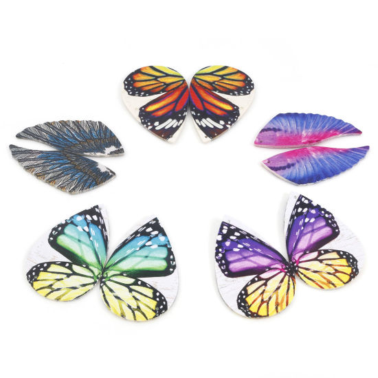 Image de Pendentifs Aile de Papillon en PU Goutte d'Eau Multicolore Double Face 5.6cm x 3.7cm, 5 Pcs