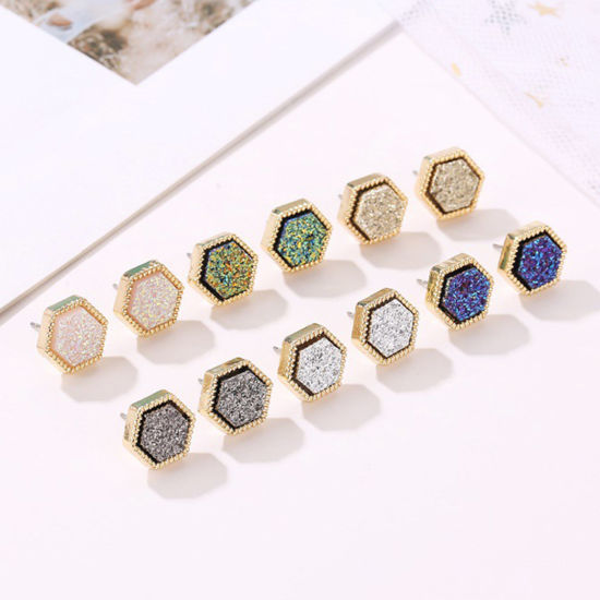 Picture of Stylish Ear Post Stud Earrings Gold Plated Multicolor Hexagon Colorful