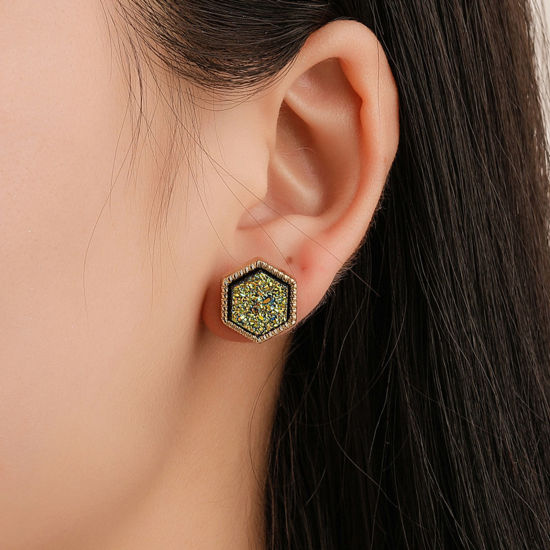 Picture of Stylish Ear Post Stud Earrings Gold Plated Multicolor Hexagon Colorful