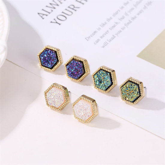 Picture of Stylish Ear Post Stud Earrings Gold Plated Multicolor Hexagon Colorful