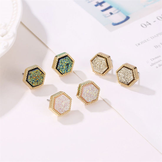 Picture of Stylish Ear Post Stud Earrings Gold Plated Multicolor Hexagon Colorful