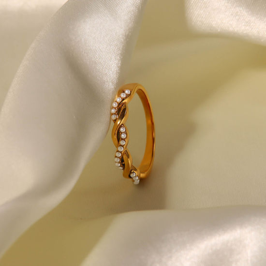Bild von Umweltfreundlich Elegant Stilvoll 18K Echtgold plattiert 304 Edelstahl & Naturperle Uneinstellbar Geflochten Ring Für Frauen 1 Stück