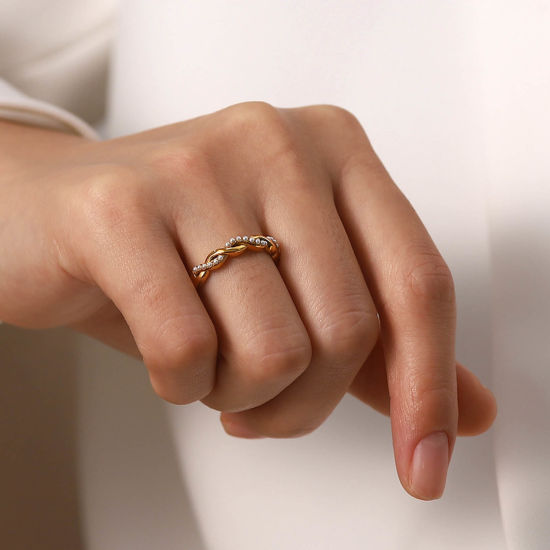 Bild von Umweltfreundlich Elegant Stilvoll 18K Echtgold plattiert 304 Edelstahl & Naturperle Uneinstellbar Geflochten Ring Für Frauen 1 Stück