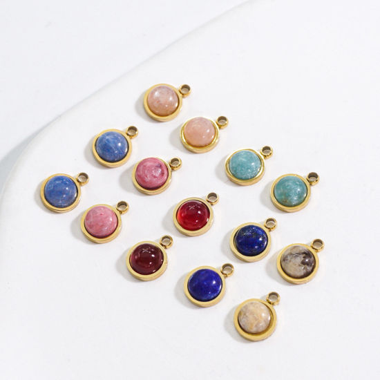 Picture of Gemstone ( Natural ) Charms Gold Plated Multicolor Round 7.5mm x 6mm