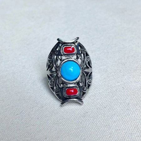 Bohemia No Ajustable Anillos Plata Antigua Rojo & Azul Imitación de gema Óvalo 1 Unidad