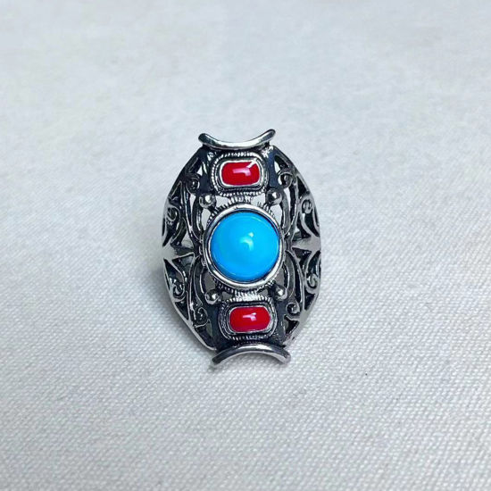 Bild von Böhmischer Stil Uneinstellbar Ring Antiksilber Rot & Blau Imitat Halbedelstein Oval 1 Stück