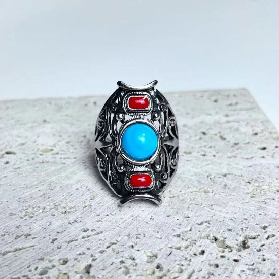 Изображение Богемный стиль Нерегулируемый Кольца Античное Серебро Красный и Синий Овальные Искусственный Драгоценный Камень 1 ШТ