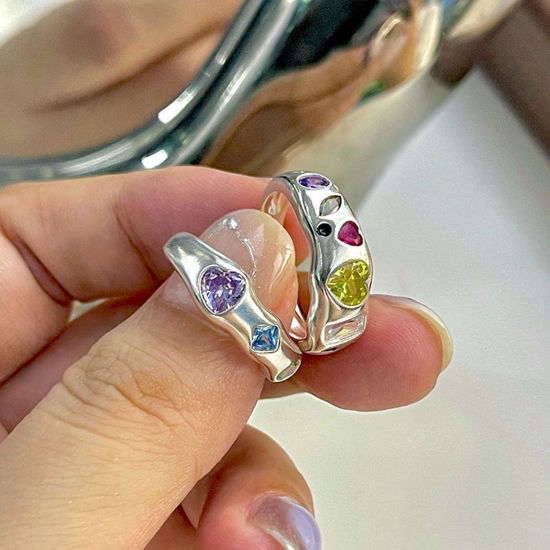 Picture of Brass Retro Open Rings Heart Rectangle Platinum Plated Multicolor Rhinestone                                                                                                                                                                                  